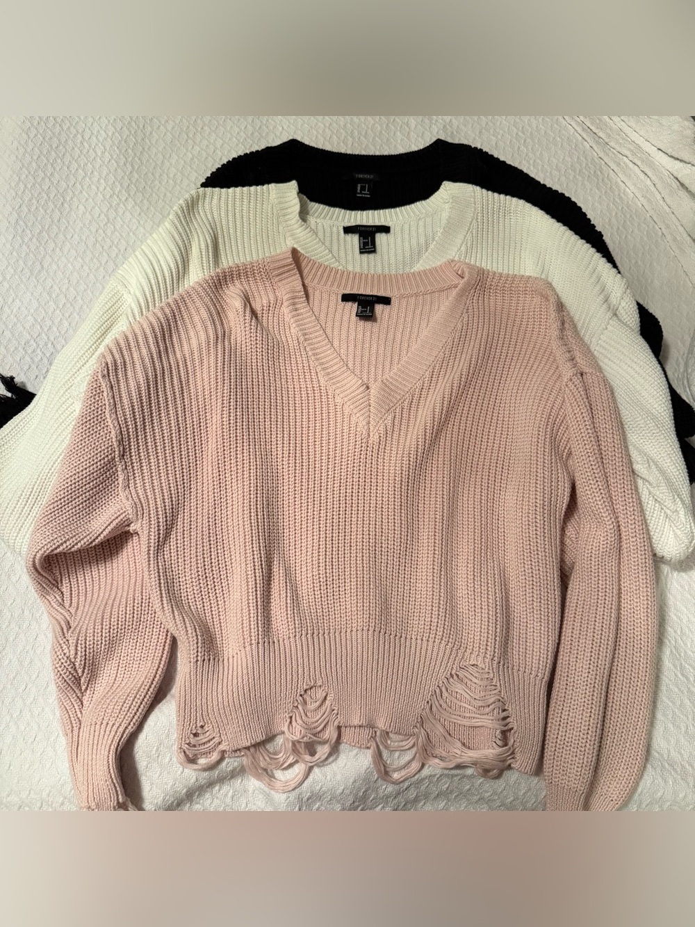 Forever 21 Distressed V-Neck Sweater bundle of 3! - Blush Pink, Cream, Black